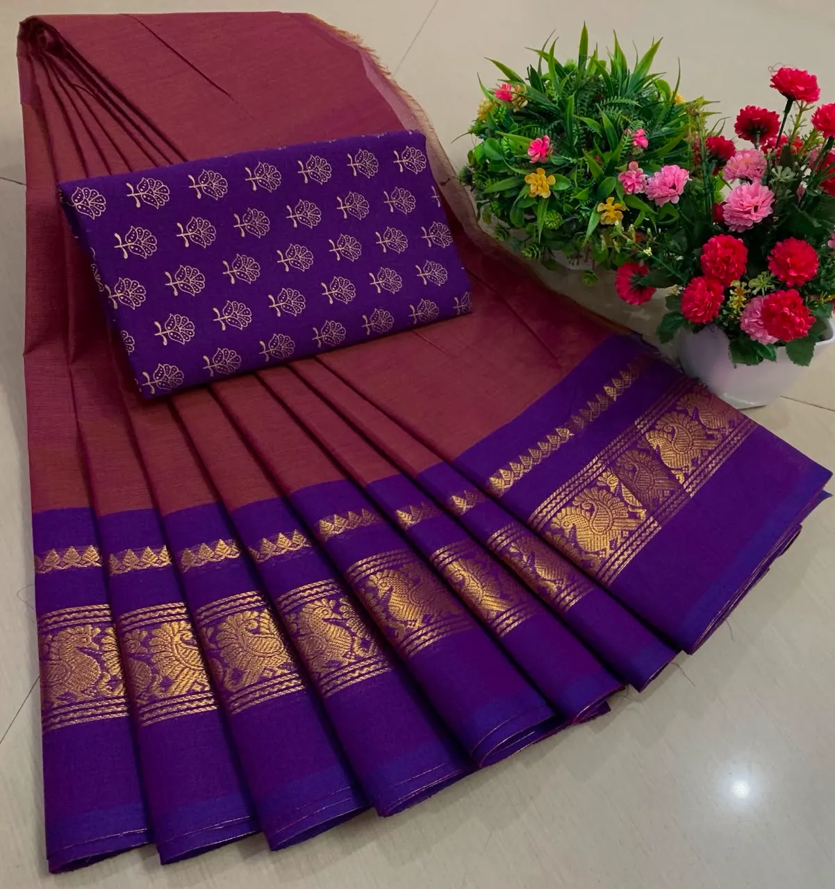 Purple Majesty Chettinadu Pure Cotton Saree with Kalamkari Blouse